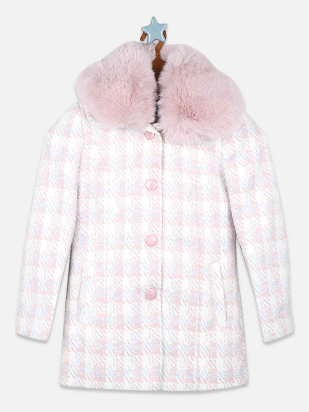 

Monte Carlo Girls Checked Single-Breasted Faux Fur Trim Parka, Pink