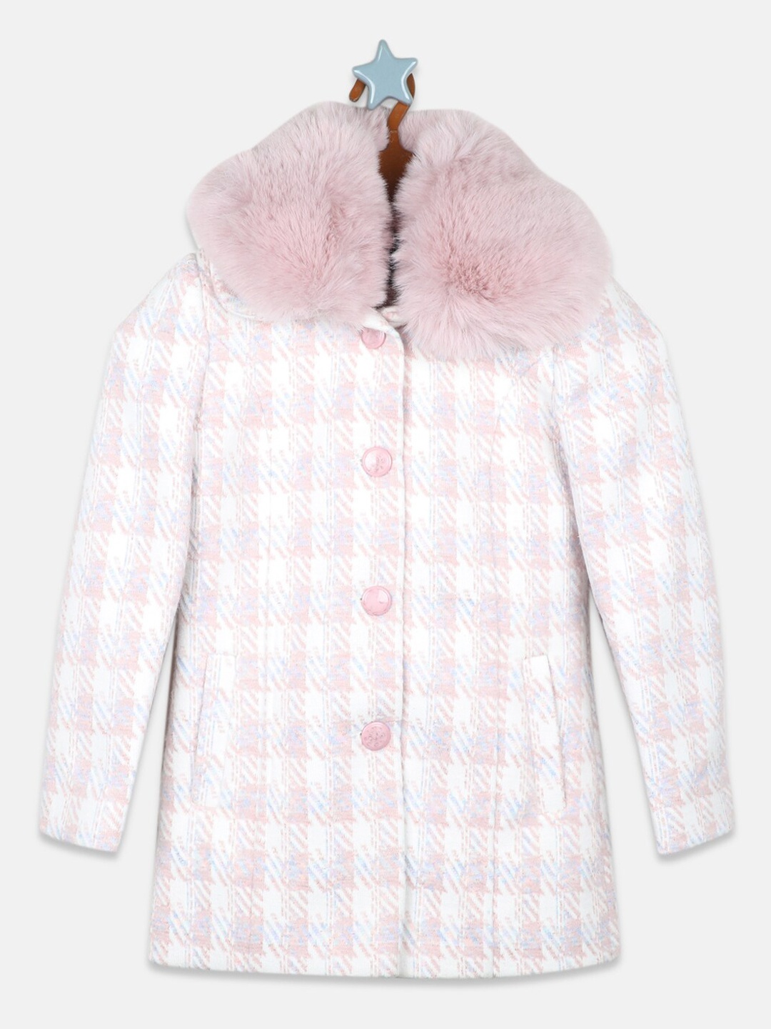 

Monte Carlo Girls Checked Single-Breasted Faux Fur Trim Parka, Pink