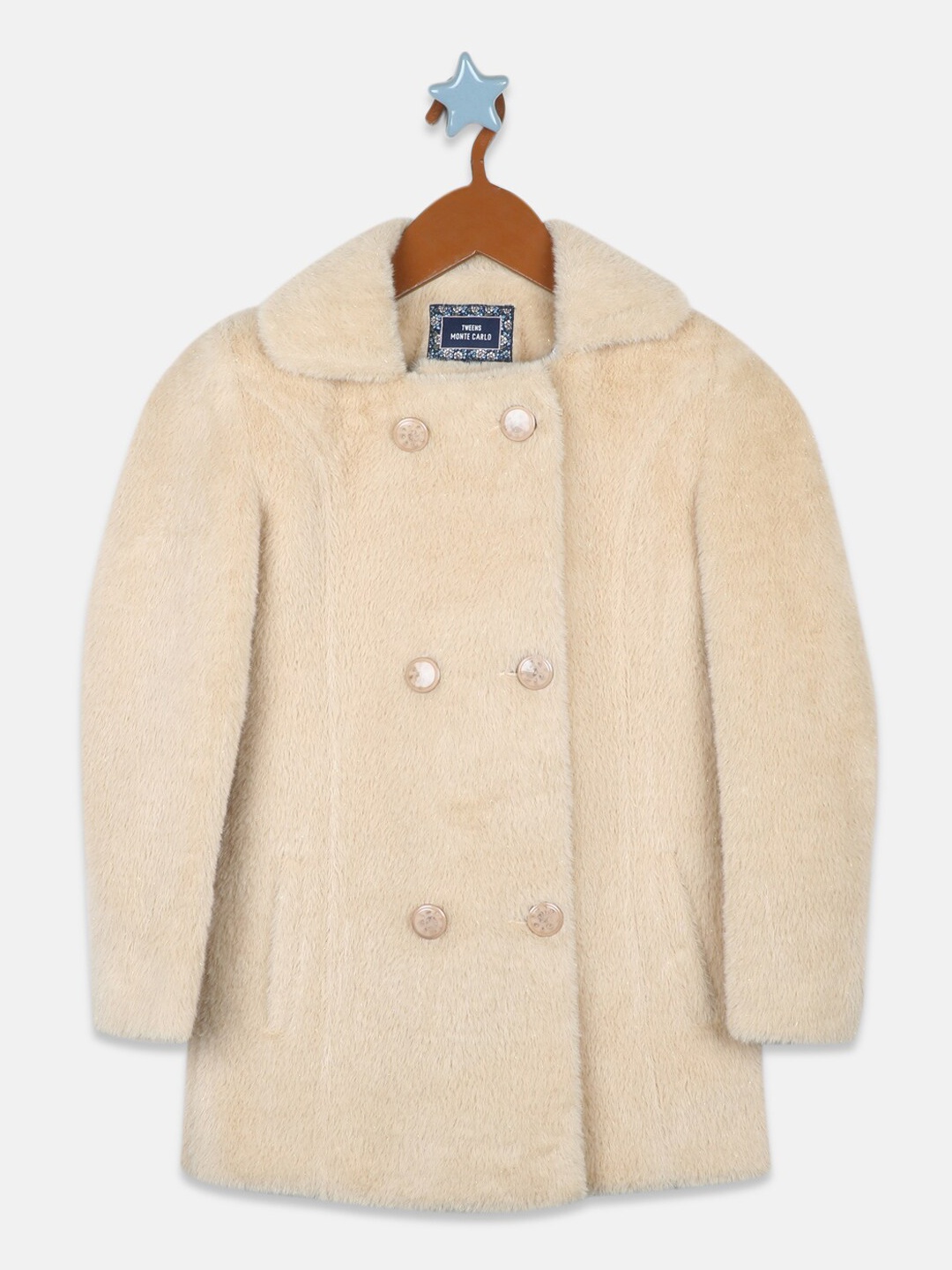 

Monte Carlo Girls Spread Collar Faux Fur Trim Overcoat, Beige