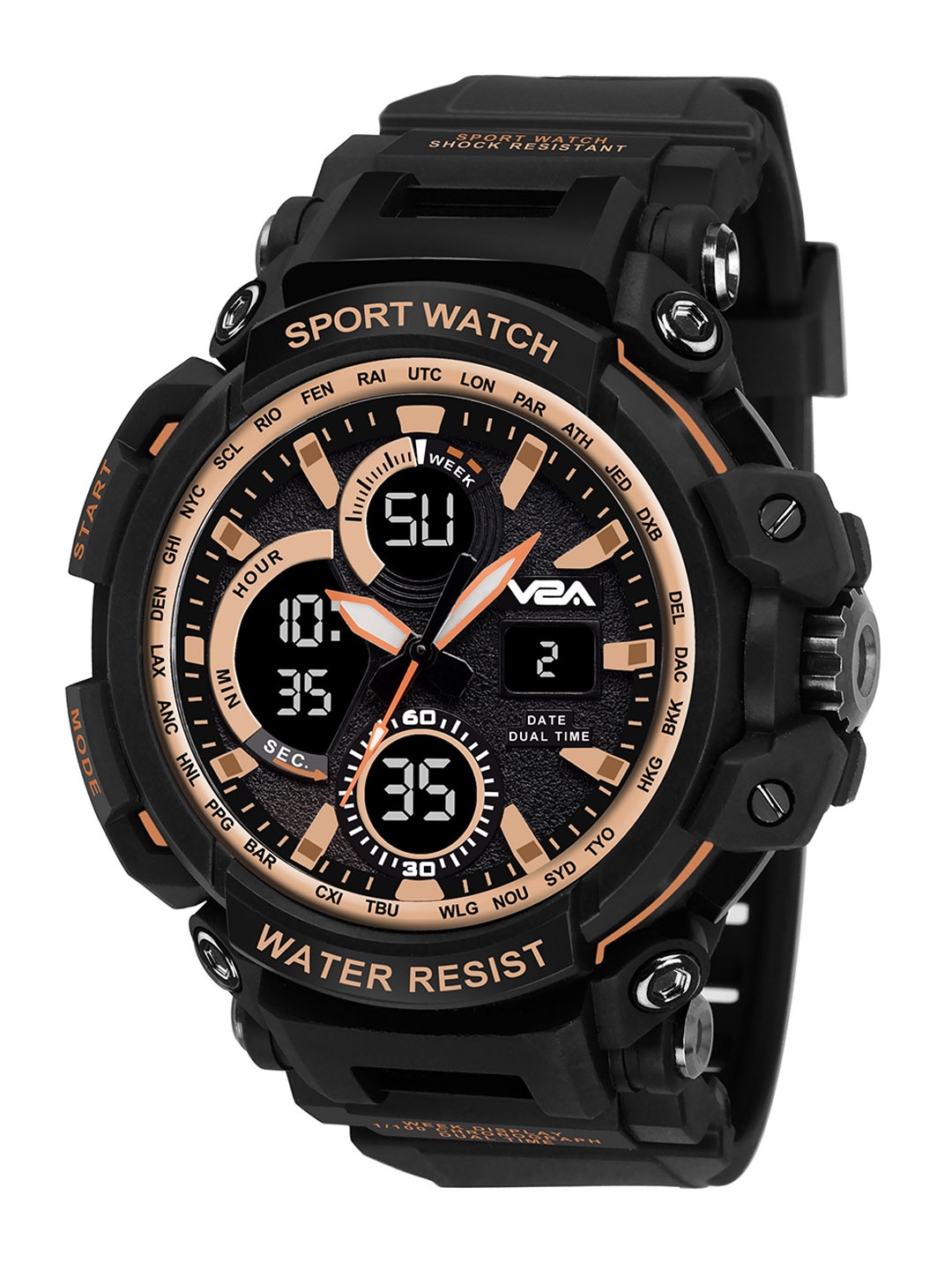

V2A Men Analogue and Digital Waterproof Multi Function Watch V2A-1708, Black