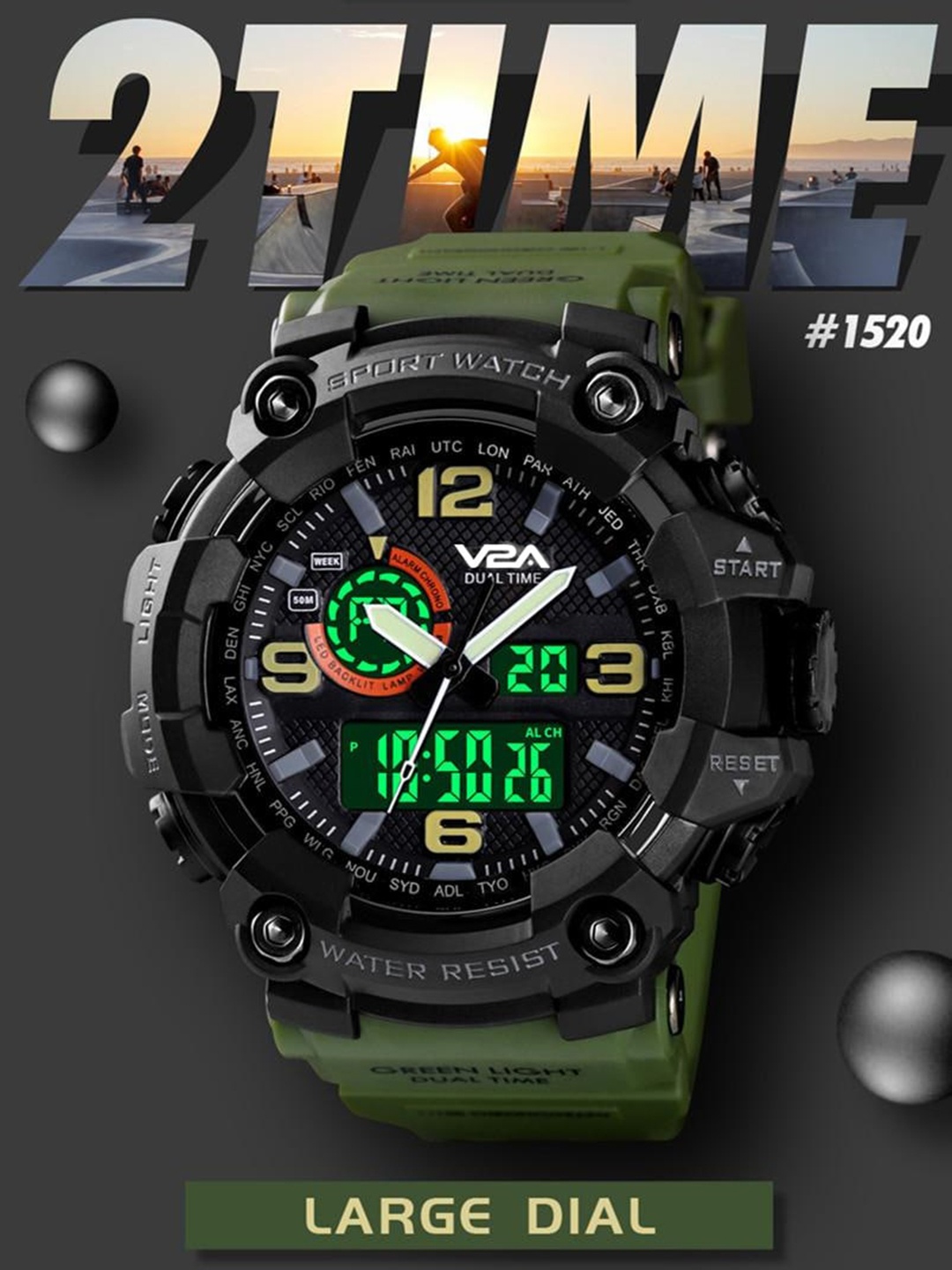 

V2A Men Analogue and Digital Waterproof Multi Function Watch V2A-1520, Green