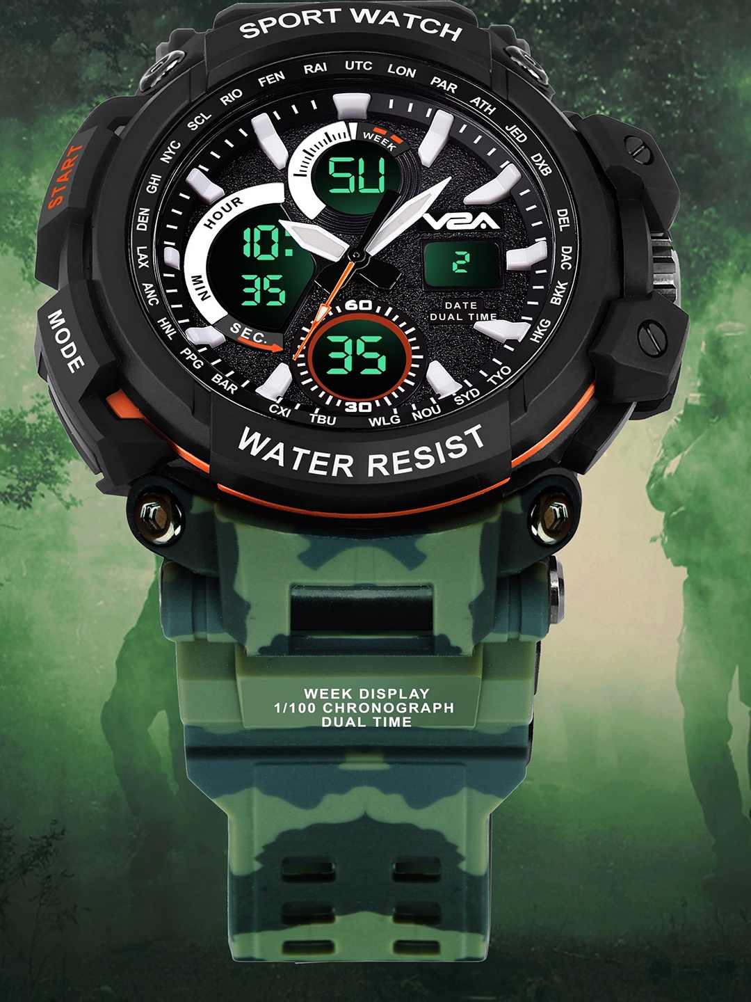 

V2A Men Multi Function Analogue and Digital Sports Watch- V2A-1708MC-Green-01