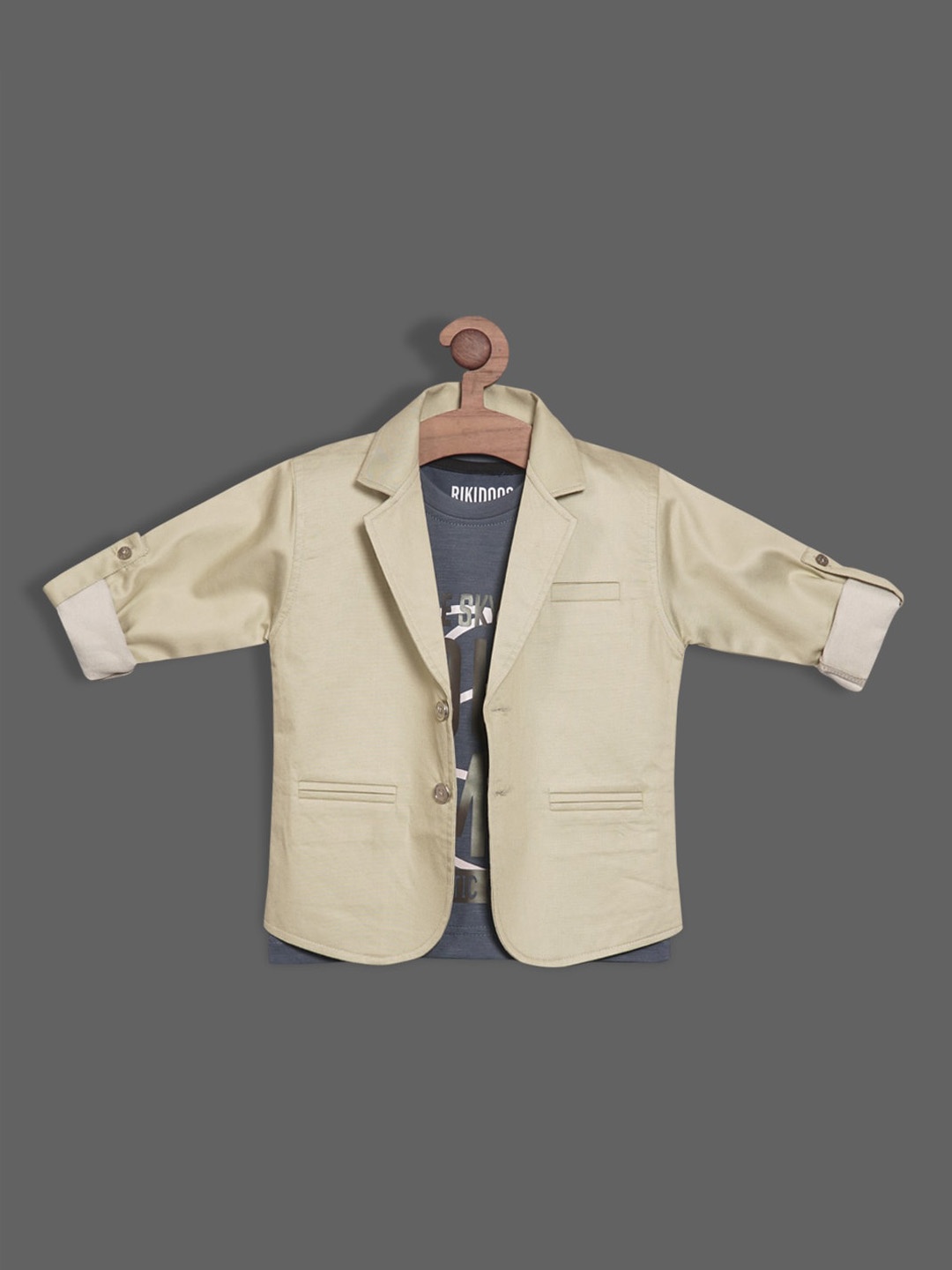 

RIKIDOOS Boys Self Design Single-Breasted Cotton Blazer With Printed T-shirt, Green