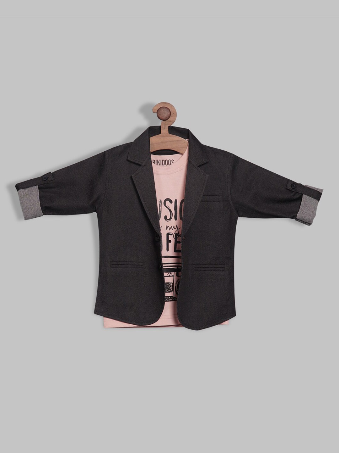 

RIKIDOOS Boys Self-Design Single-Breasted Tailored-Fit Causal Blazers With T-Shirt, Black