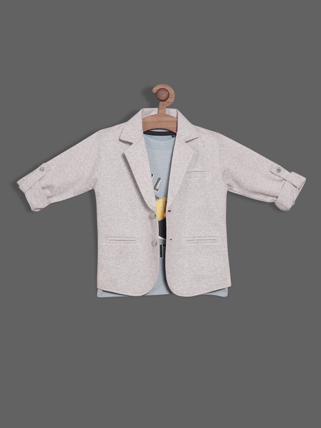 

RIKIDOOS Boys Single-Breasted Cotton Light Weight Blazer With Printed T-Shirt, Grey