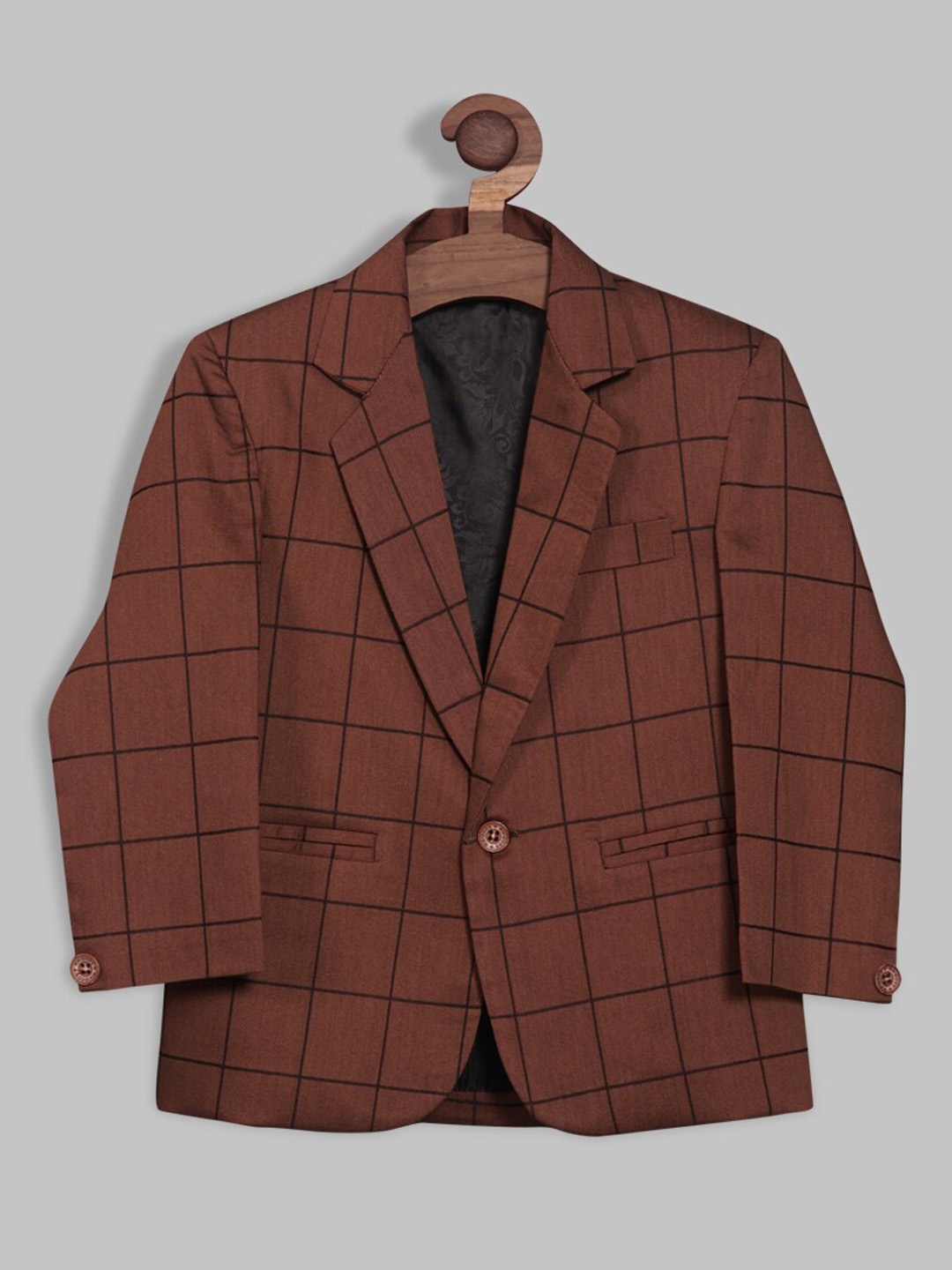 

RIKIDOOS Boys Checks Tailored-Fit Single-Breasted Cotton Blazer, Brown