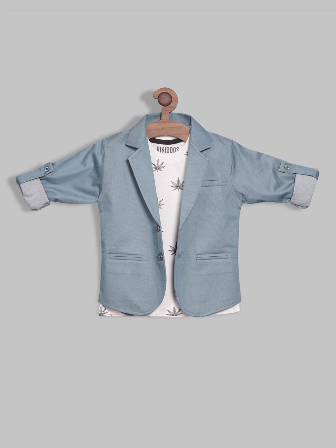 

RIKIDOOS Boys Self-Design Single-Breasted Cotton Blazer With Printed T-Shirt, Blue