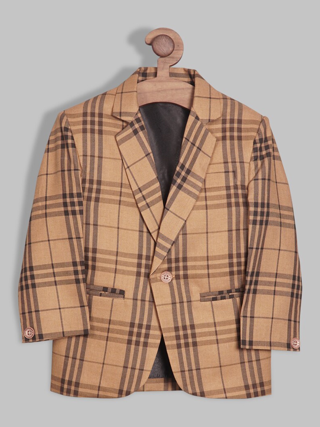 

RIKIDOOS Boys Checks Tailored-Fit Single-Breasted Cotton Blazer, Brown