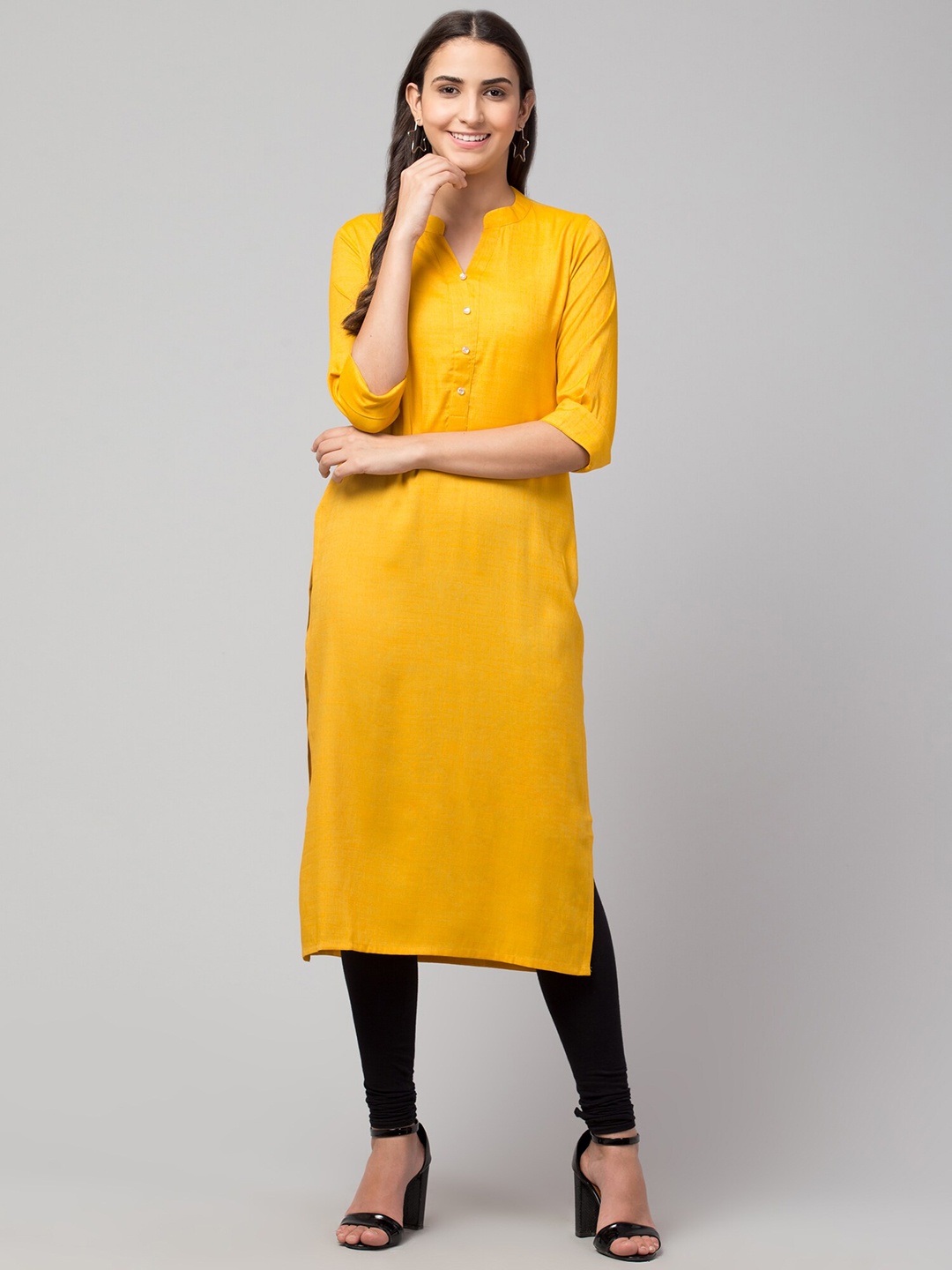 

Waahiba Women Band Collar Straight Kurta, Yellow