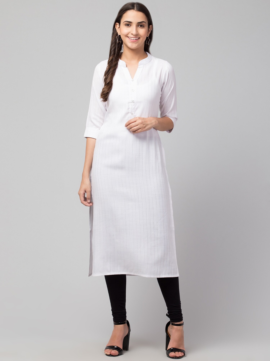 

Waahiba Women Striped Band Collar Straight Kurta, White