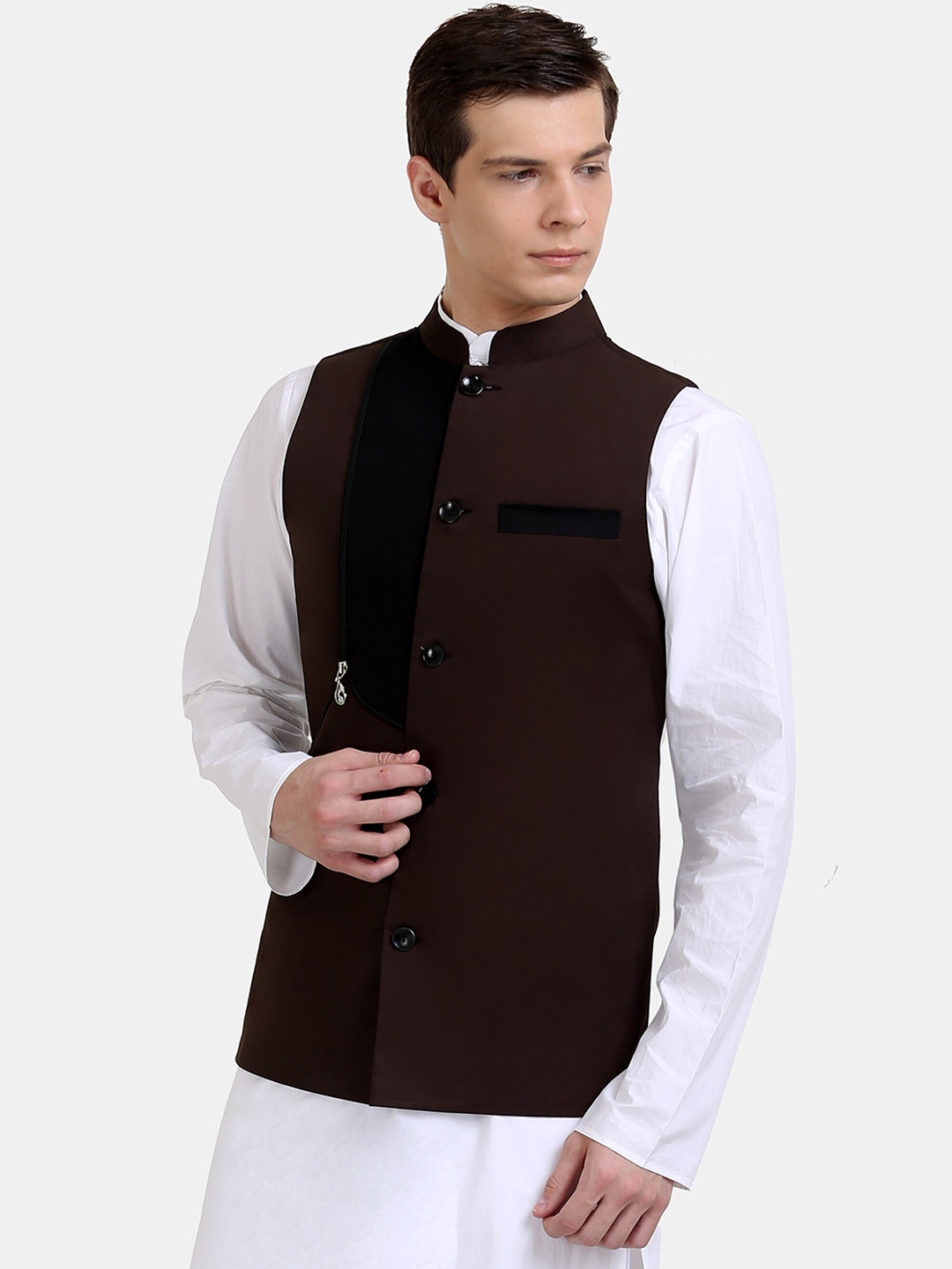 

Raas Men Slim-Fit Zip Design Nehru Jackets, Brown