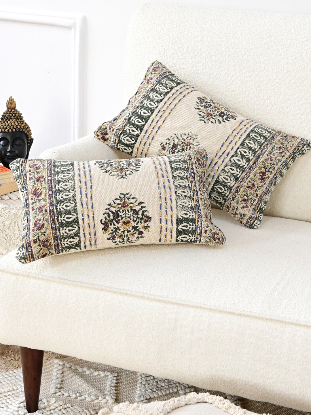 

Art Avenue Beige & Green Ethnic Motifs Cotton Rectangle Cushion Cover