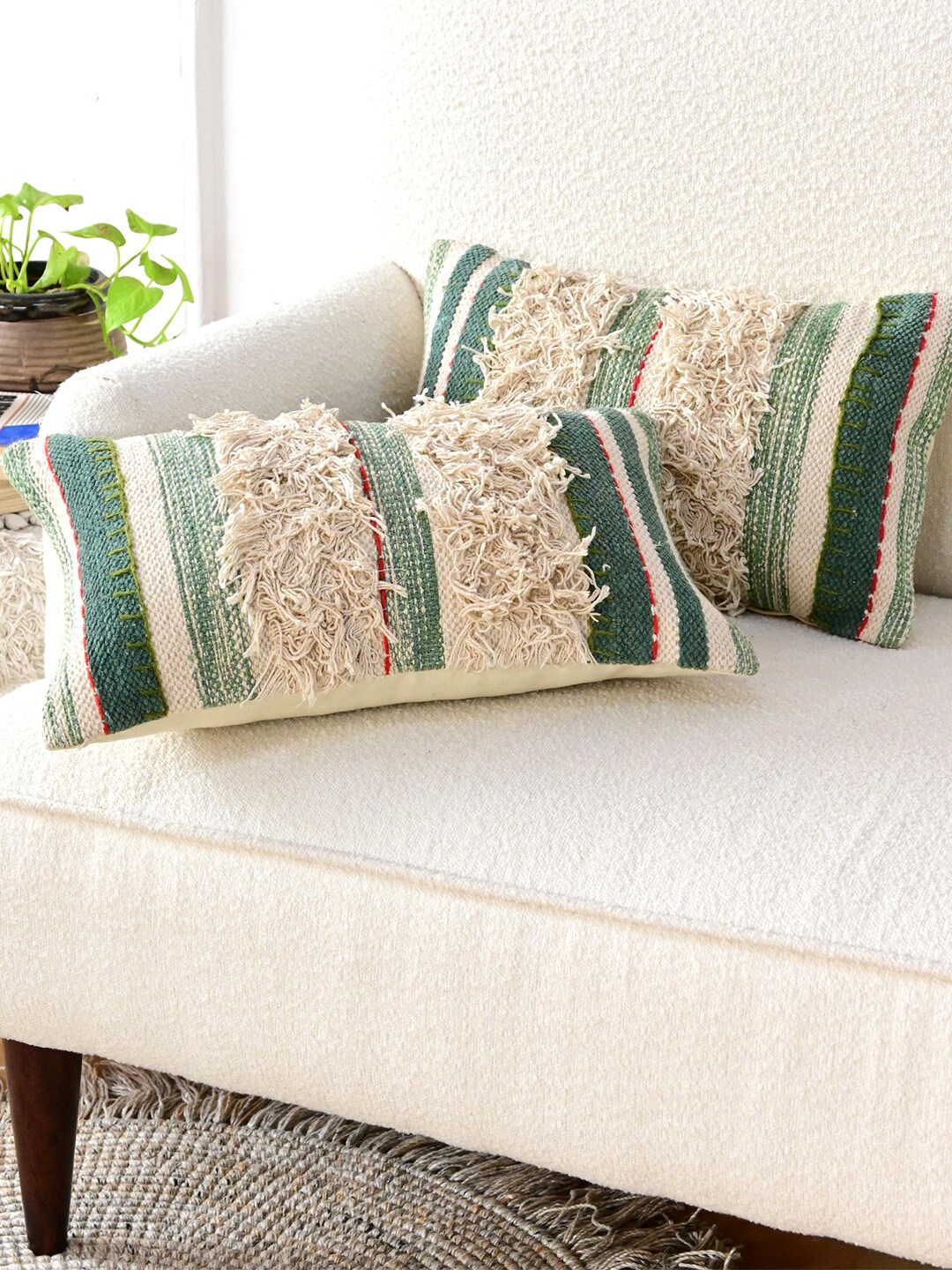

Art Avenue Beige & Green Self Design Cotton Rectangle Cushion Cover
