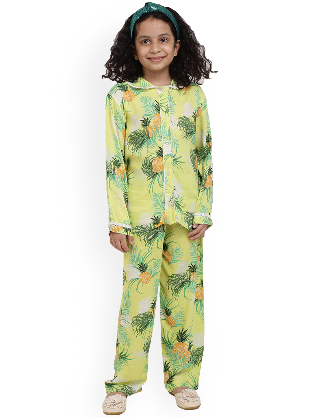 

Ninos Dreams Girls Tropical Printed Night Suit, Lime green