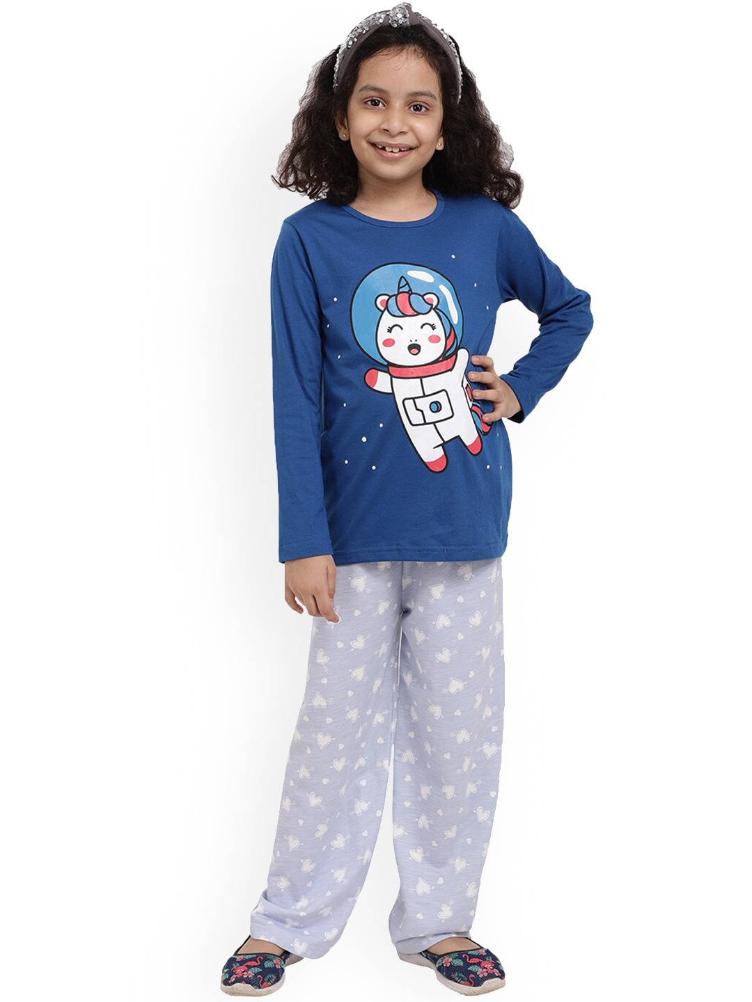 Ninos Dreams Girls Printed Round Neck Night Suits, Navy blue