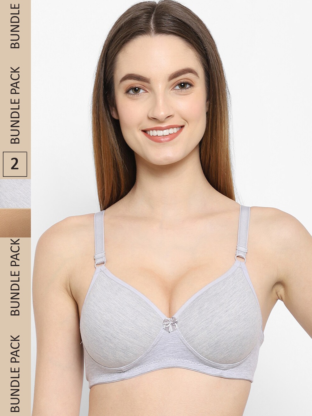 

Floret Pack of 2 Lightly Padded Non-Wired Seamless All Day Comfort Push-Up Bra, Grey melange
