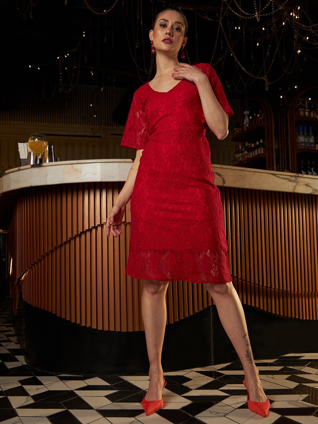 

Athena Self Design Bell Sleeves Lace A-Line Dress, Red