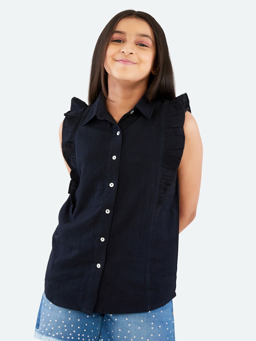 

Olele Girls Ruffle Cotton Linen Casual Shirt, Black