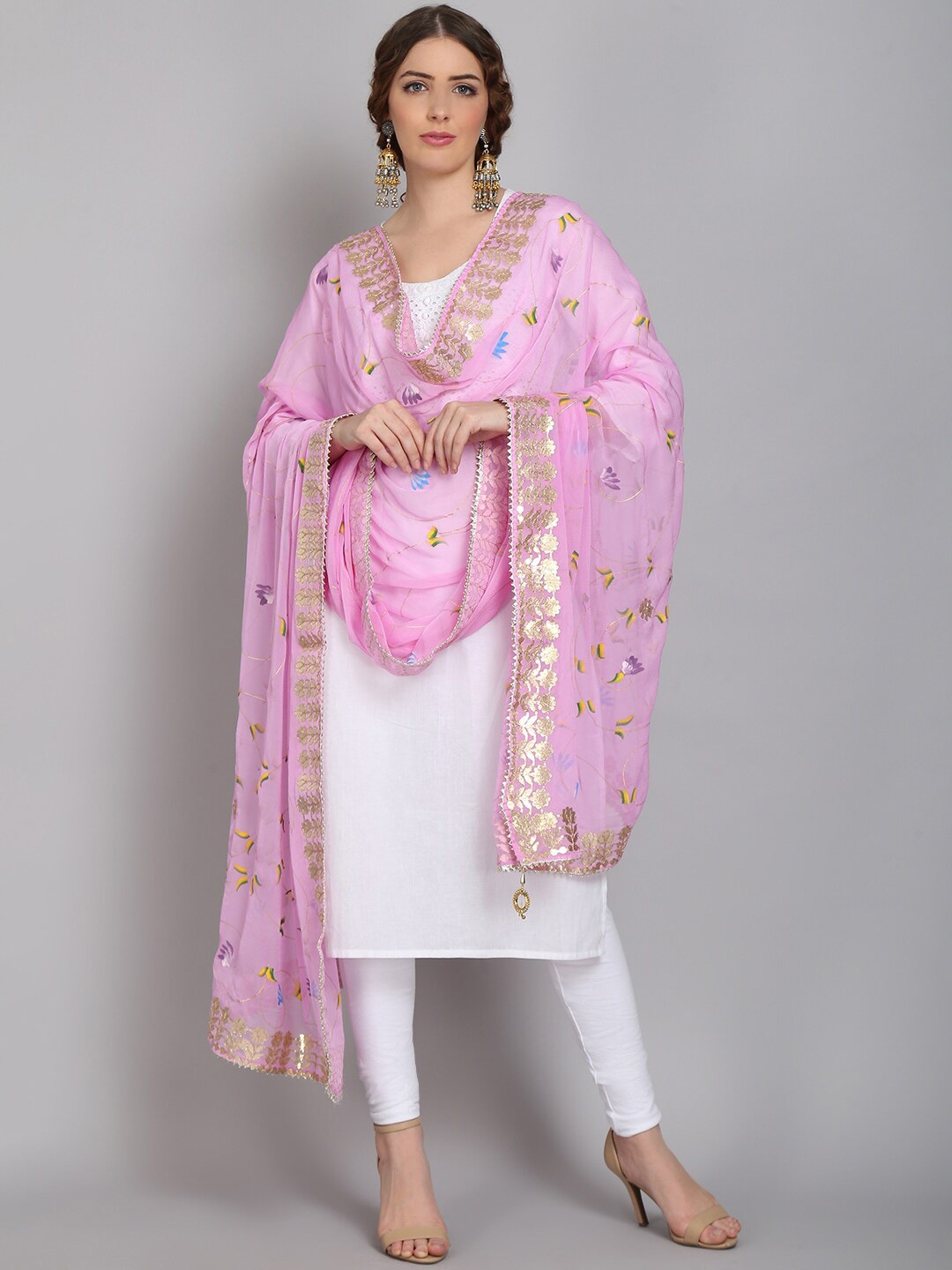 

SOUNDARYA Printed Block Print Dupatta with Gotta Patti, Pink