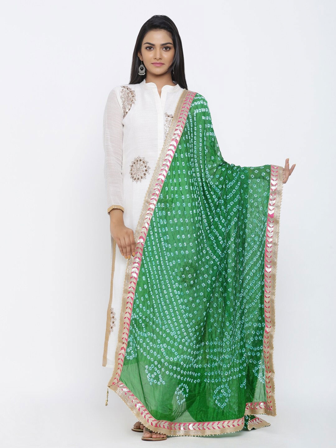 

SOUNDARYA Woven Design Art Silk Bandhani Dupatta, Green