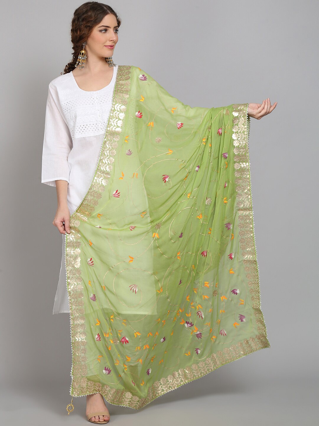 

SOUNDARYA Printed Block Print Dupatta with Gotta Patti, Olive