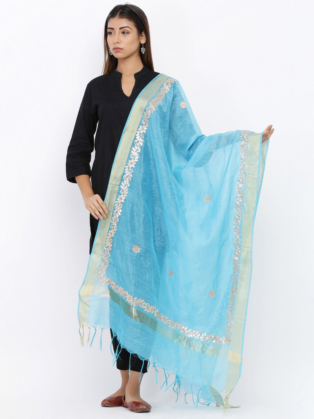 

SOUNDARYA Woven Design Dupatta with Gotta Patti, Turquoise blue