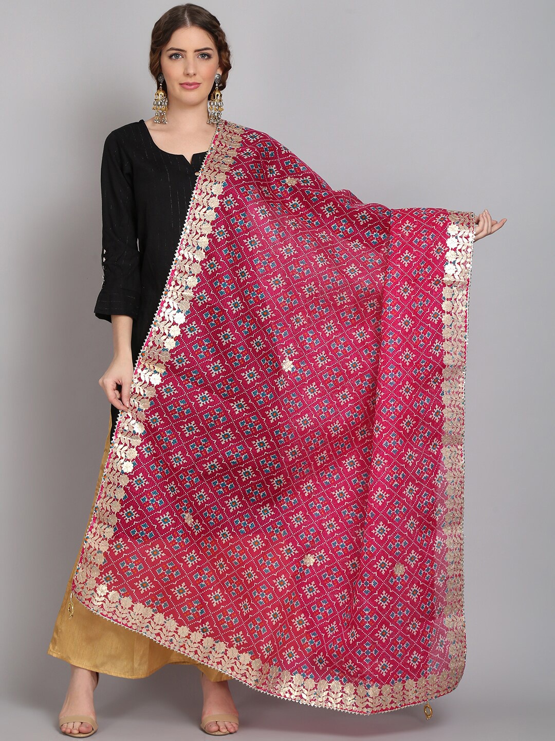 

SOUNDARYA Ethnic Motifs Printed Pure Cotton Dupatta with Gotta Patti, Magenta