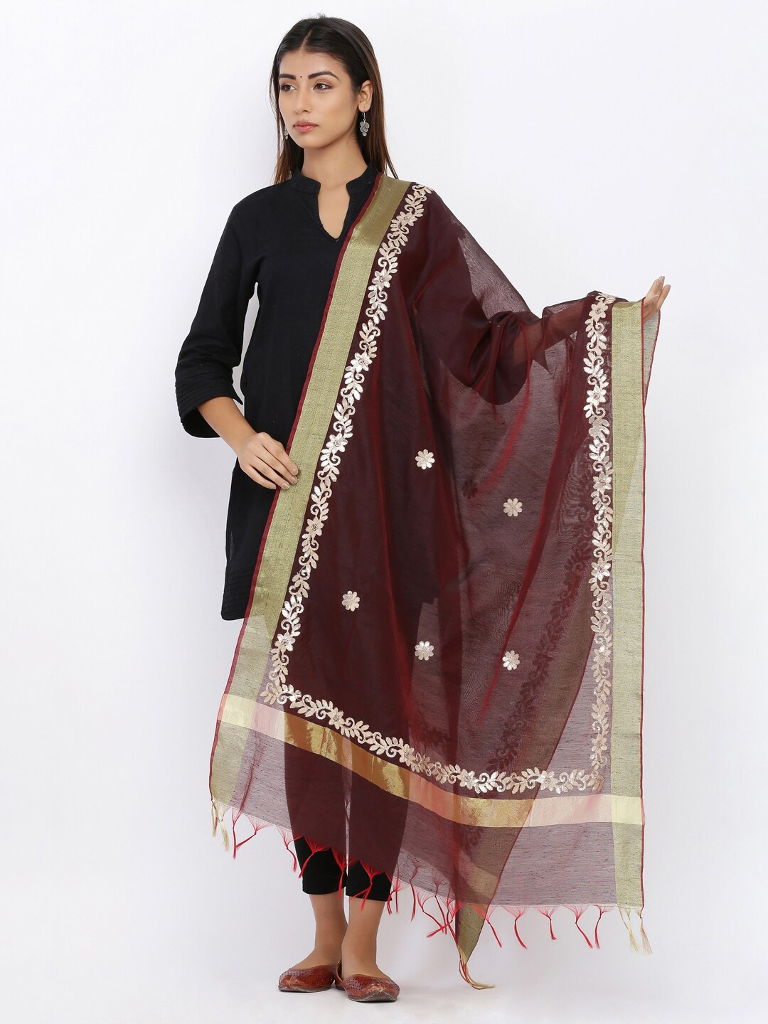 

SOUNDARYA Embroidered Dupatta with Gotta Patti, Maroon