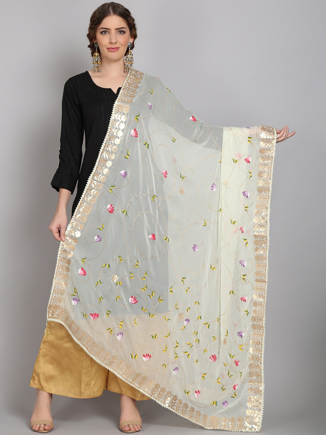 

SOUNDARYA Printed Block Print Dupatta with Gotta Patti, Cream