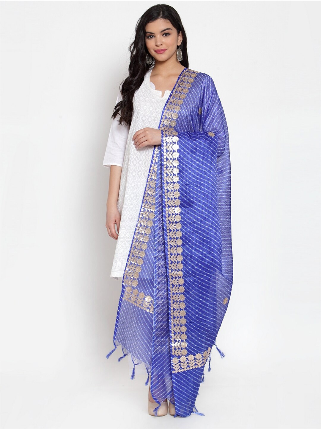 

SOUNDARYA Striped Leheriya Dupatta with Gotta Patti, Blue