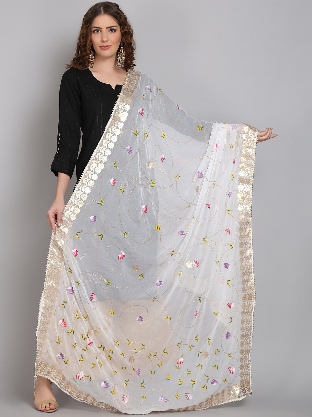 SOUNDARYA Printed Block Print Dupatta with Gotta Patti, White