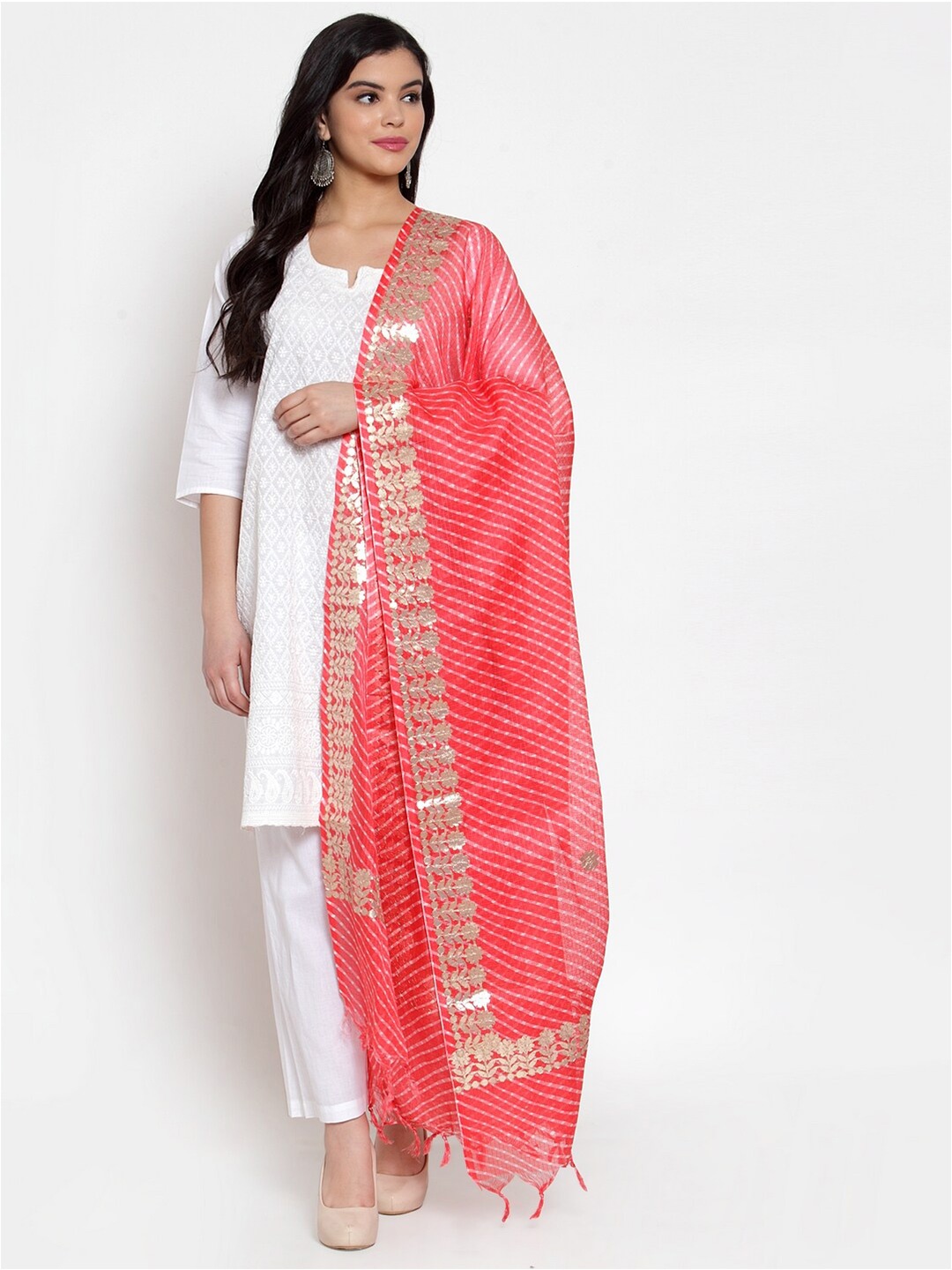 

SOUNDARYA Printed Leheriya Dupatta with Gotta Patti, Peach