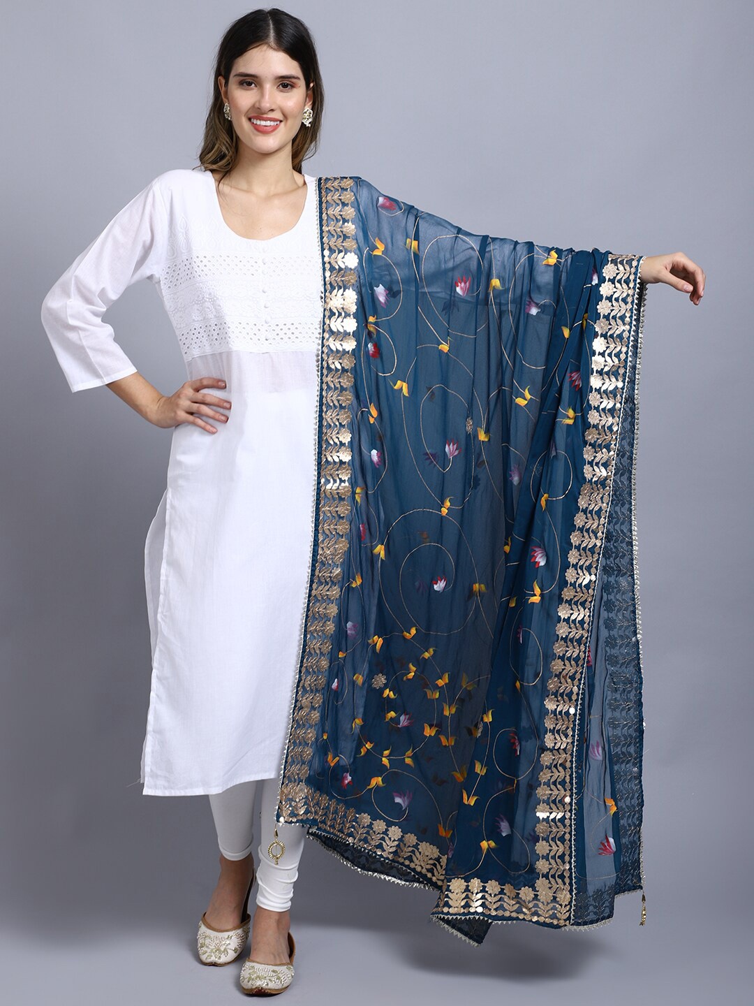 SOUNDARYA Printed Block Print Dupatta with Gotta Patti, Navy blue
