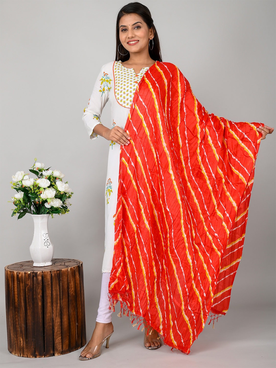 

Kesarya Striped Pure Silk Leheriya Dupatta, Red