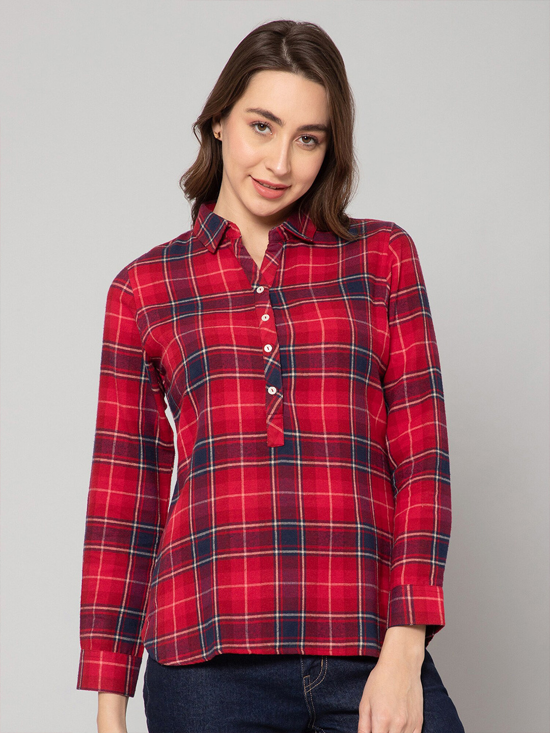 

Cantabil Shirt Collar Checked Tops, Red