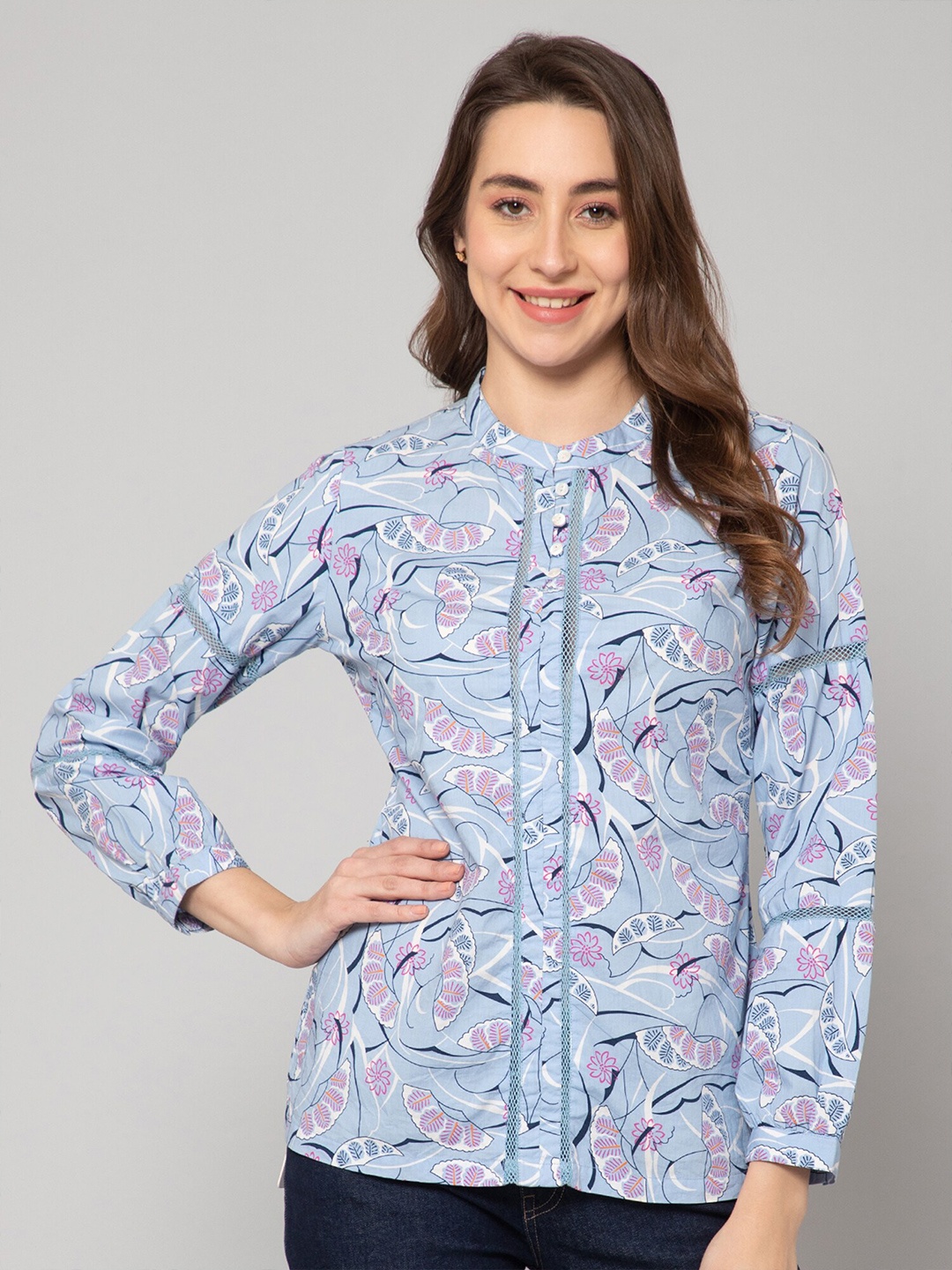 

Cantabil Printed Band Collar Top, Blue