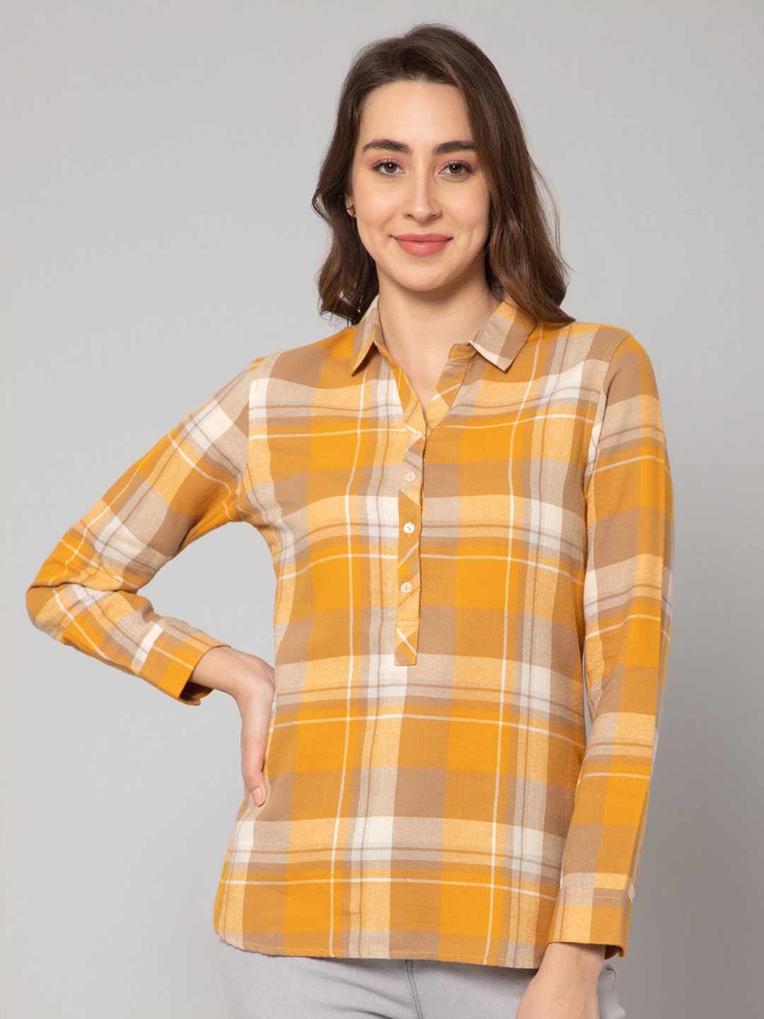 

Cantabil Shirt Collar Checked Tops, Yellow