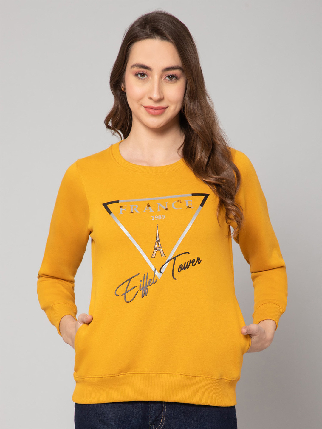 

Cantabil Women Typography Printed Sweatshirt, Mustard
