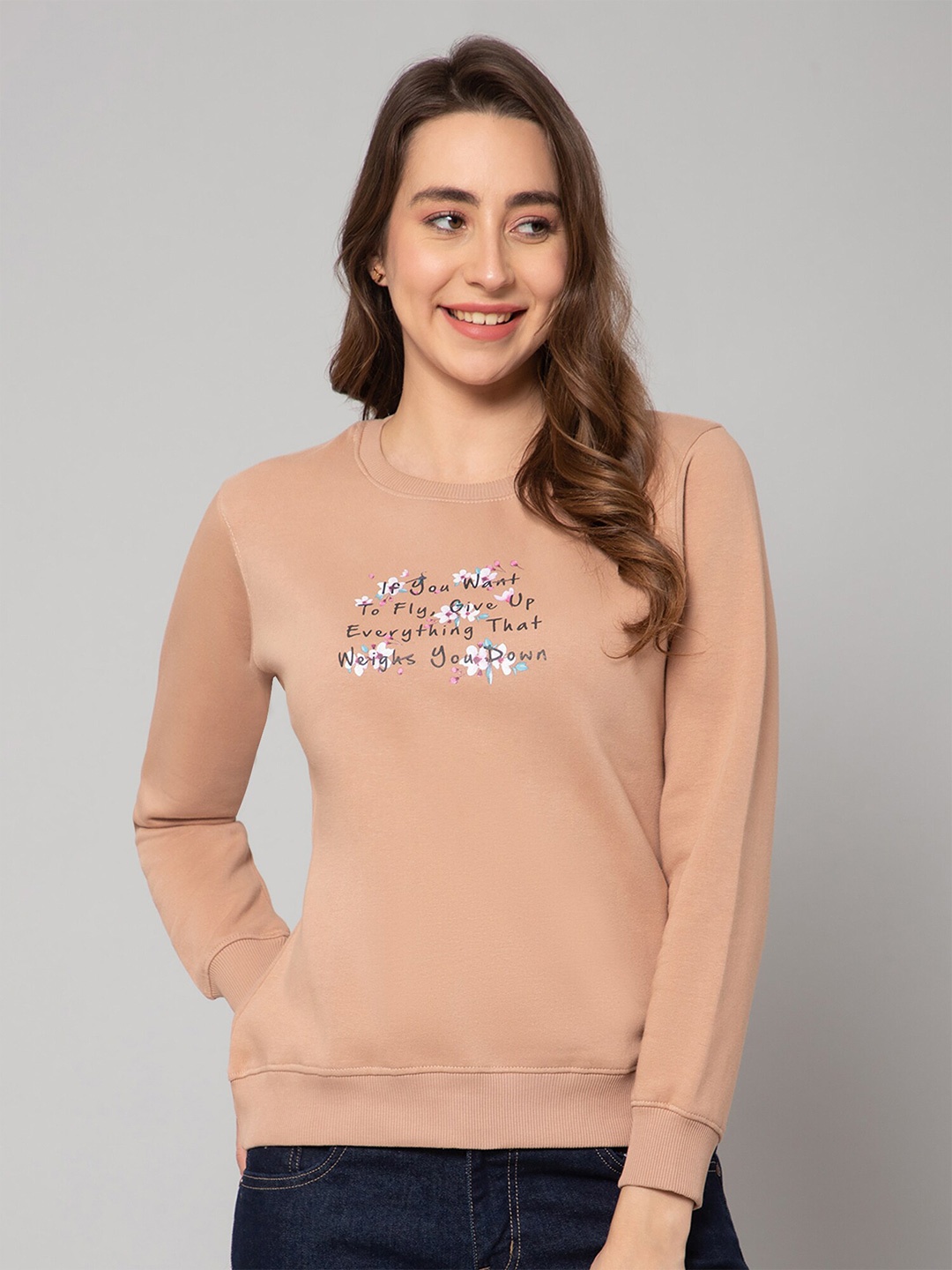 

Cantabil Women Typography Printed Sweatshirt, Brown