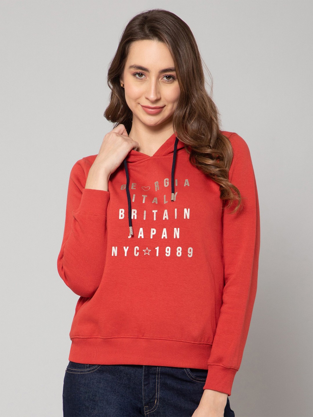 

Cantabil Women Typography Printed Hooded Sweatshirt, Rust
