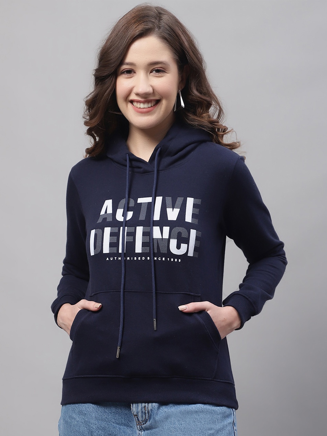 

Cantabil Women Printed Hooded Fleece Sweatshirt, Blue