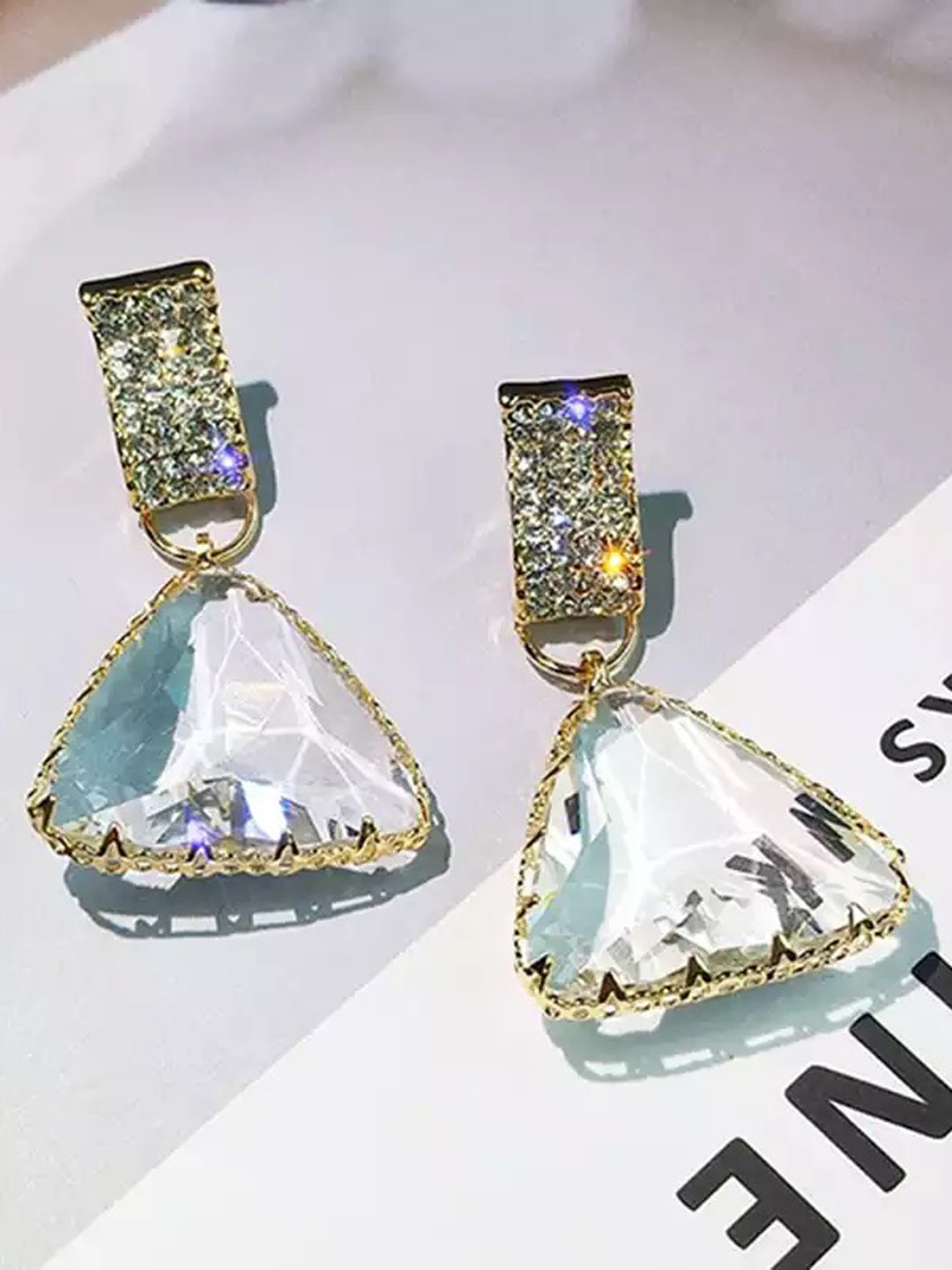 

Shining Diva Fashion Gold Plated Crystal Studded Contemporary Drop Earrings, Transparent
