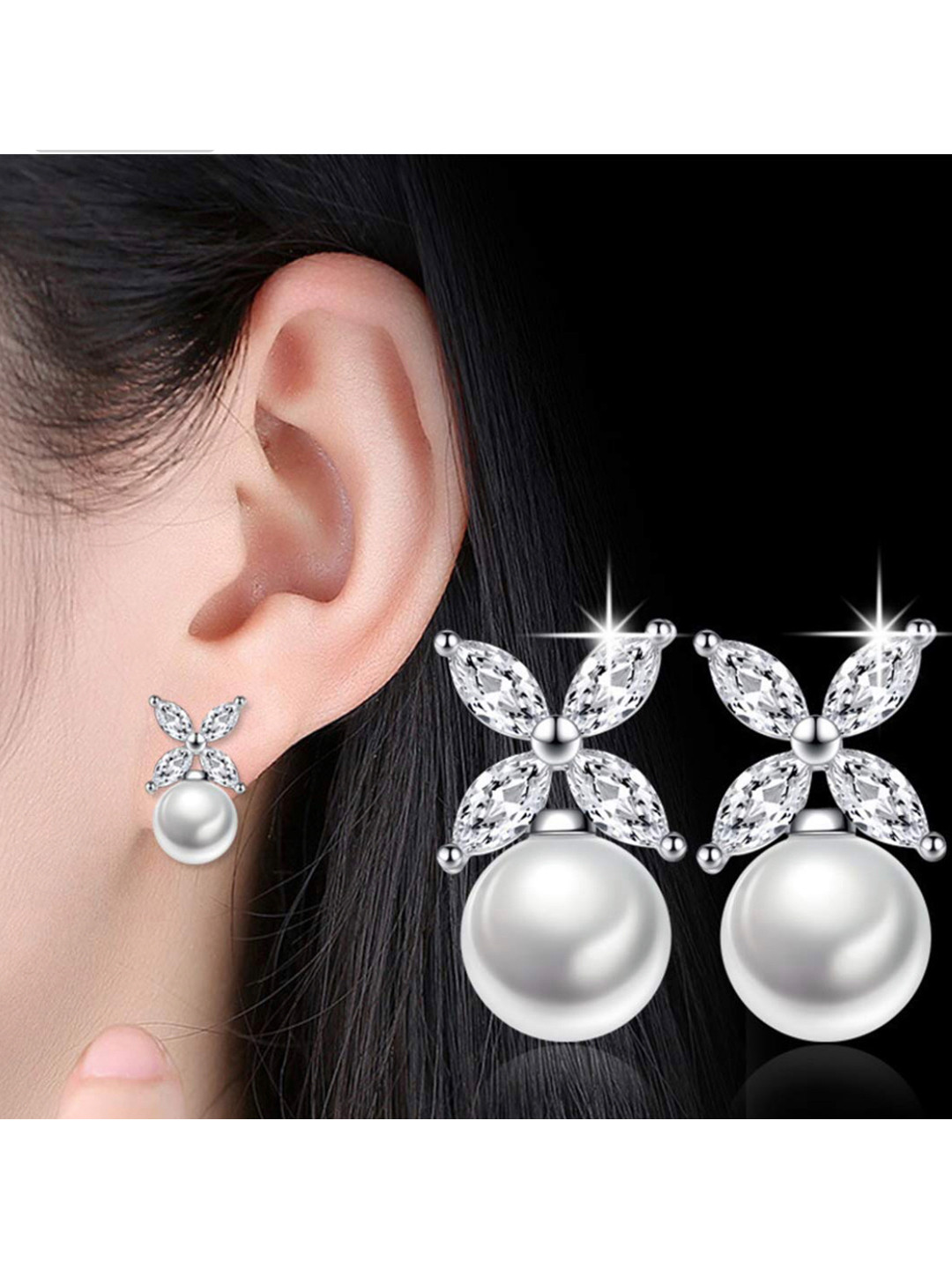 

Shining Diva Fashion Silver-Plated Floral Studs Earrings, White