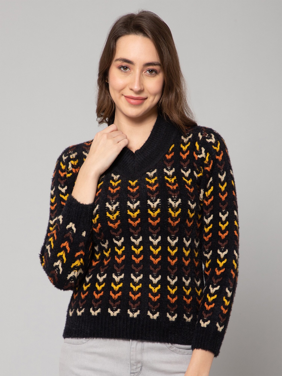 

Cantabil Women Self design Pullover Acrylic Sweater, Black