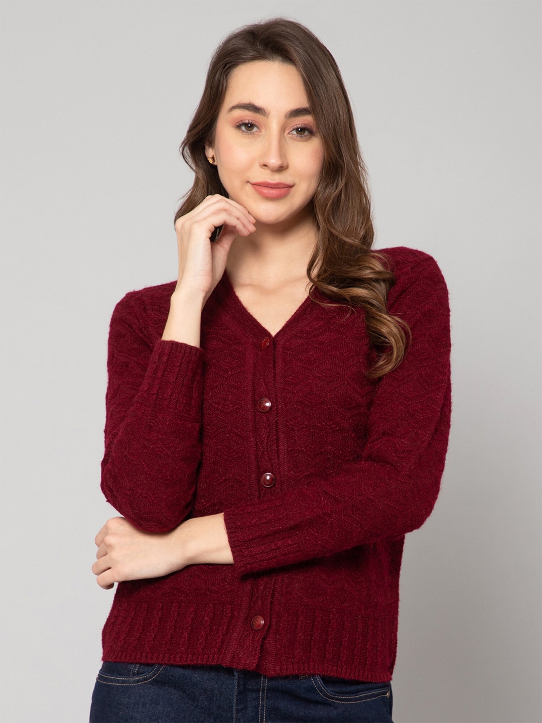 

Cantabil Women Cable Knit Acrylic Cardigan, Maroon