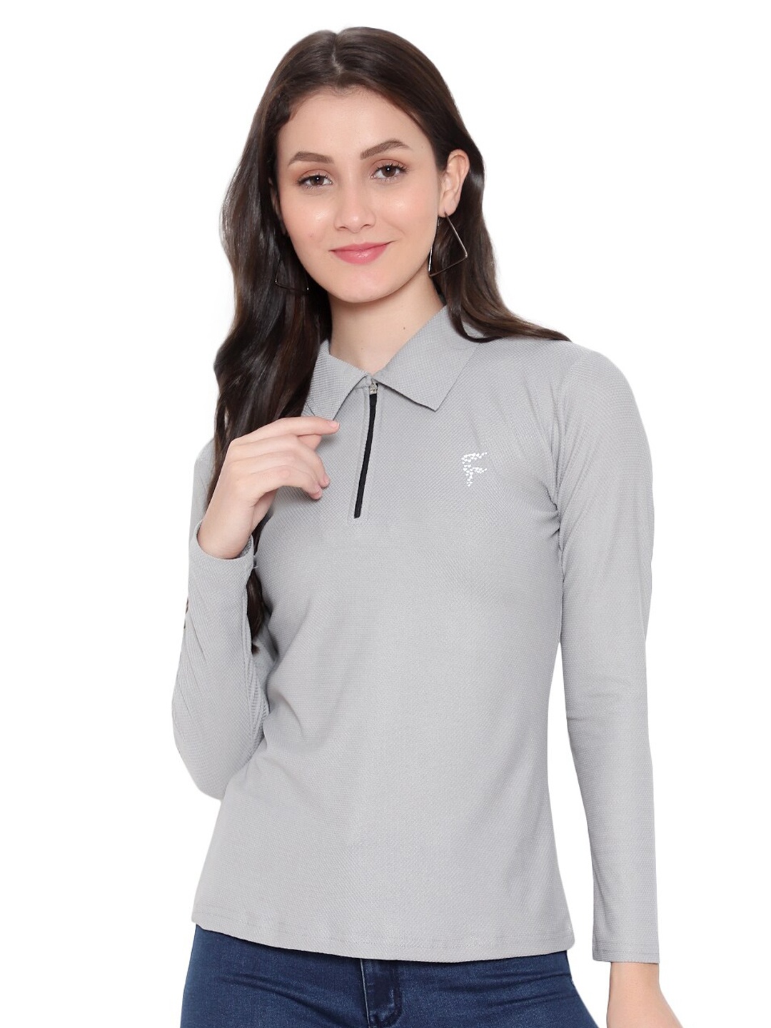 

DIAZ Women Grey Polo Collar T-shirt