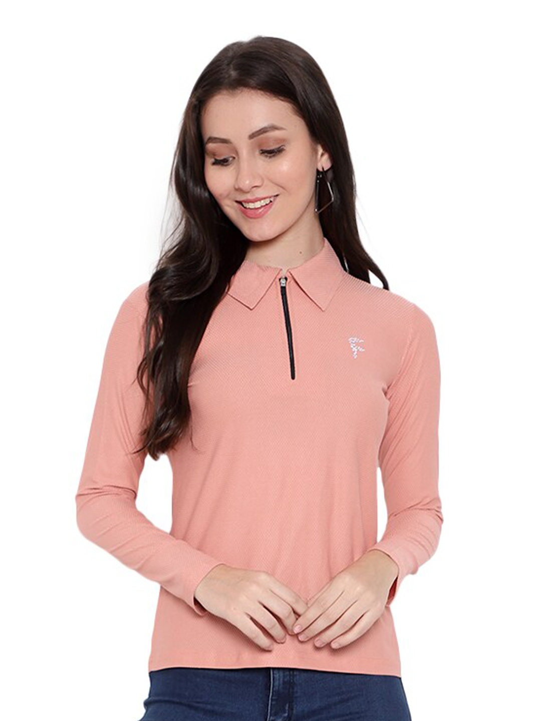 

DIAZ Women Polo Collar Slim Fit T-shirt, Peach