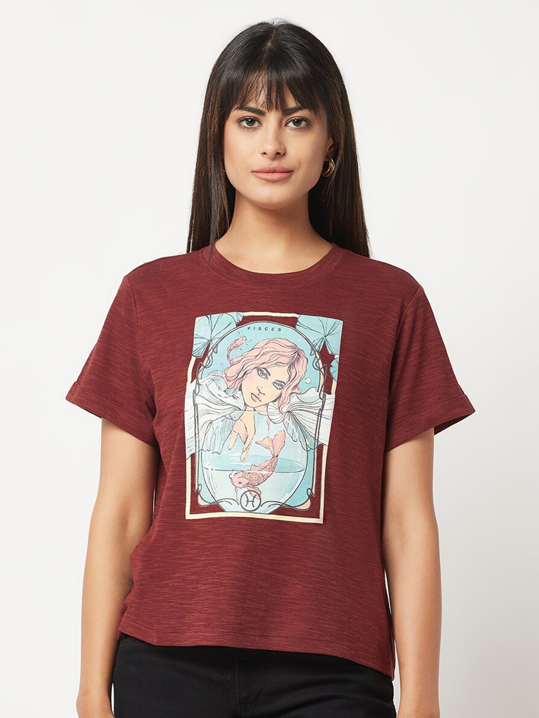 

HOUSE OF S Women Graphic Printed Cotton T-shirt, Maroon