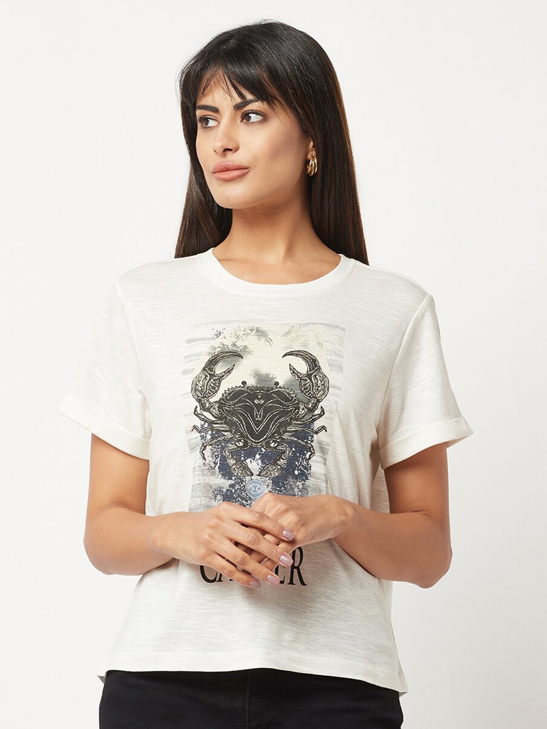 

HOUSE OF S Women Printed Cotton T-shirt, White