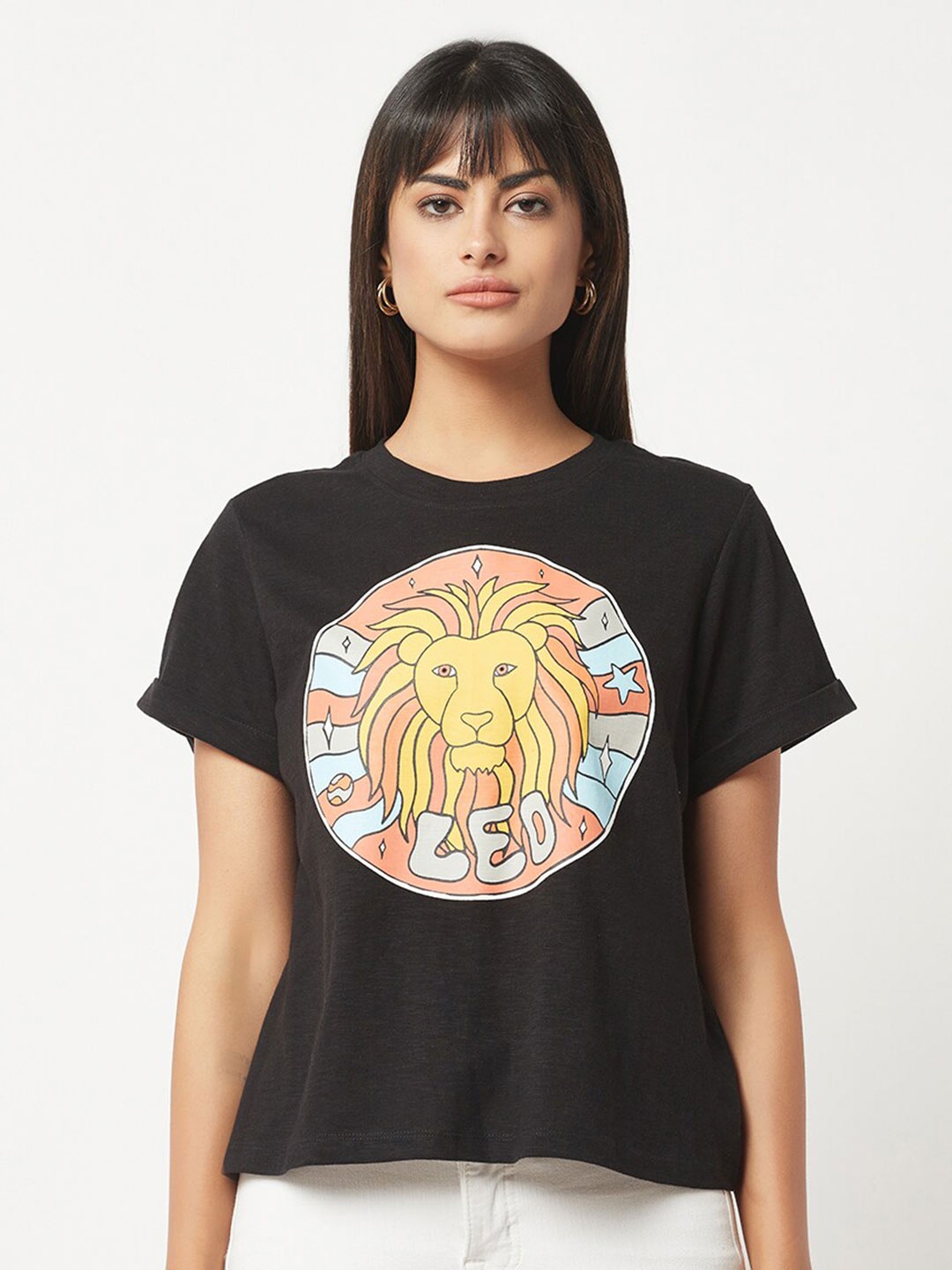 

HOUSE OF S Women Printed Loose T-shirt, Black